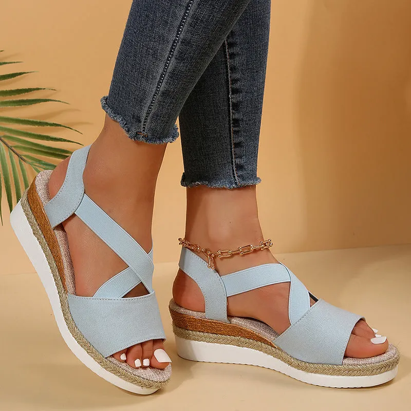 Cross-Strap Platform Hemp Heel Wedge Sandals