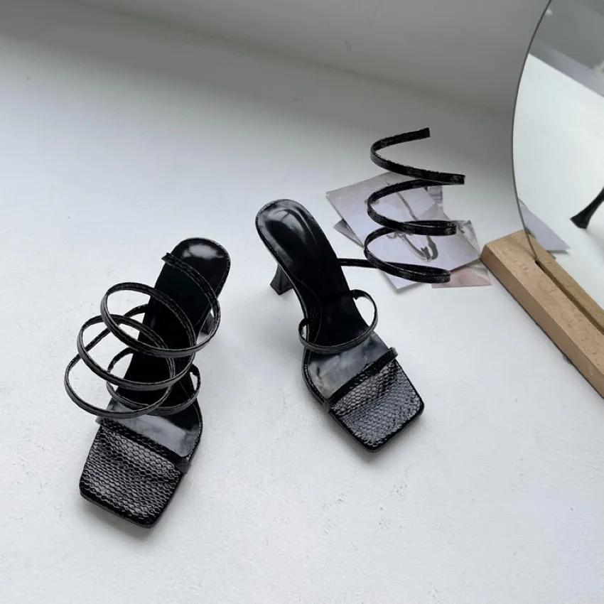 Cross Tie Ankle Square Toe Heeled Sandals