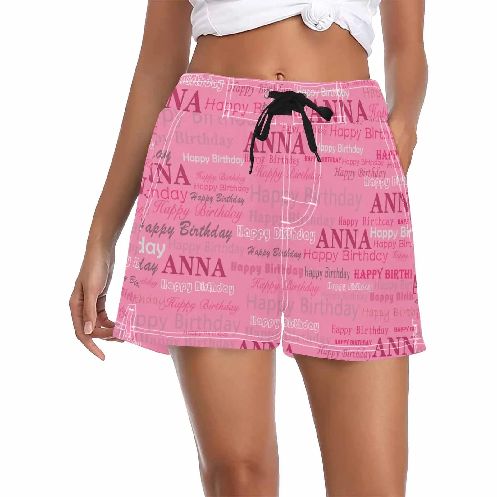 Custom Name Happy Birthday Pink Women's Casual Board Shorts Swim Trunks Create Your Own Shorts for Her