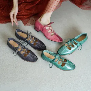 Elegant Washed Horse Leather Mary Jane Shoes with Cross-Strap Design Pink/Grey/Blue
