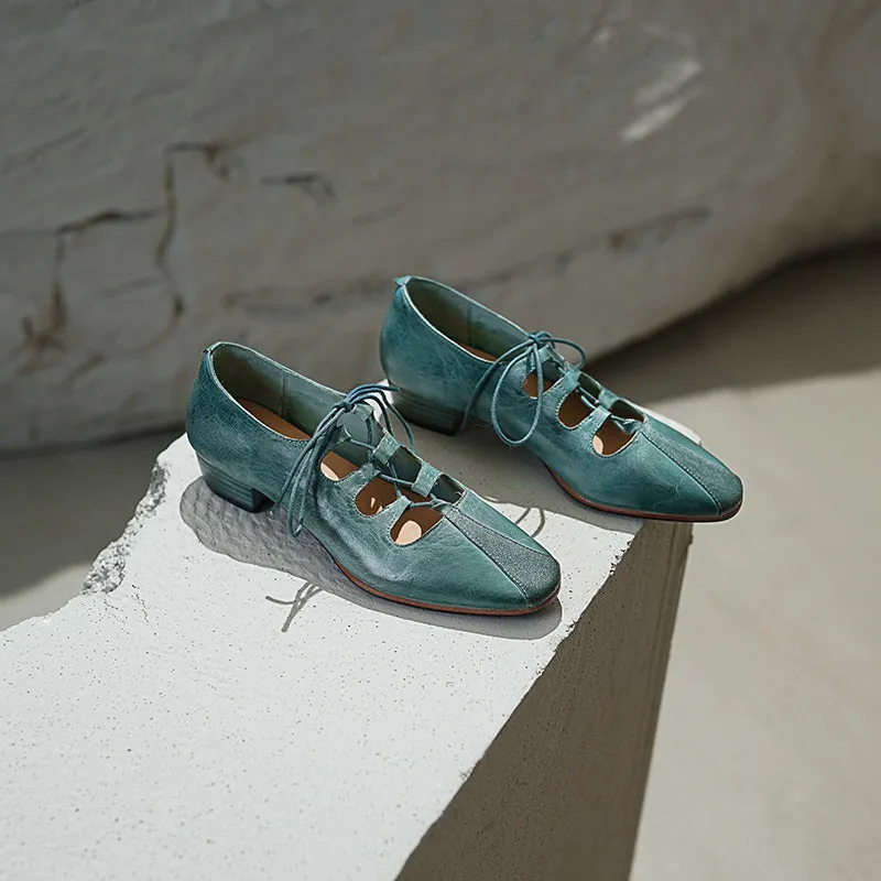 Elegant Washed Horse Leather Mary Jane Shoes with Cross-Strap Design Pink/Grey/Blue