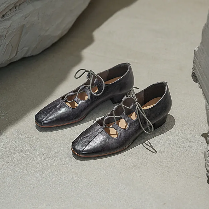 Elegant Washed Horse Leather Mary Jane Shoes with Cross-Strap Design Pink/Grey/Blue