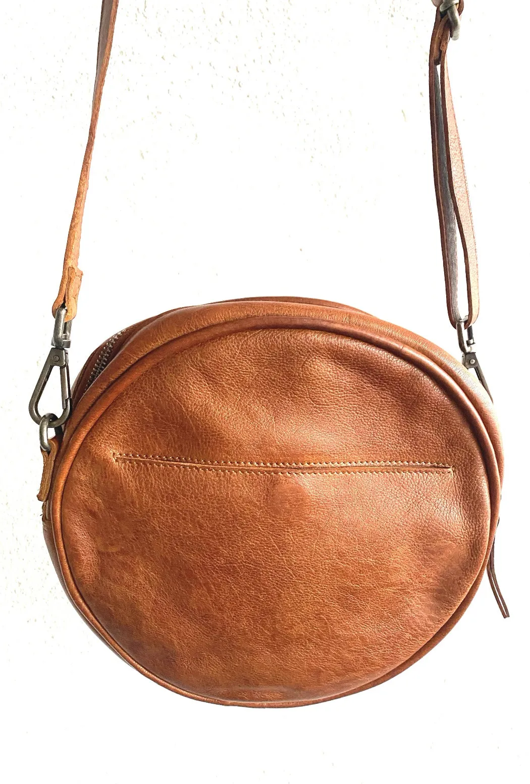Fleming Round Leather Handbag, Cognac
