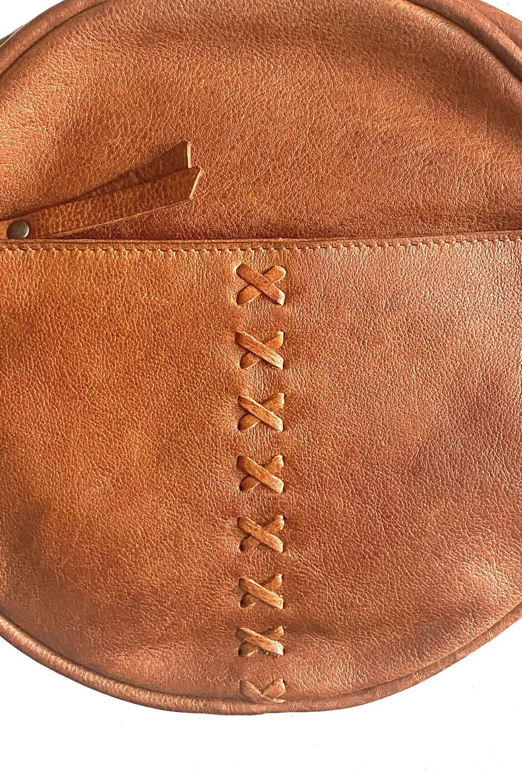 Fleming Round Leather Handbag, Cognac