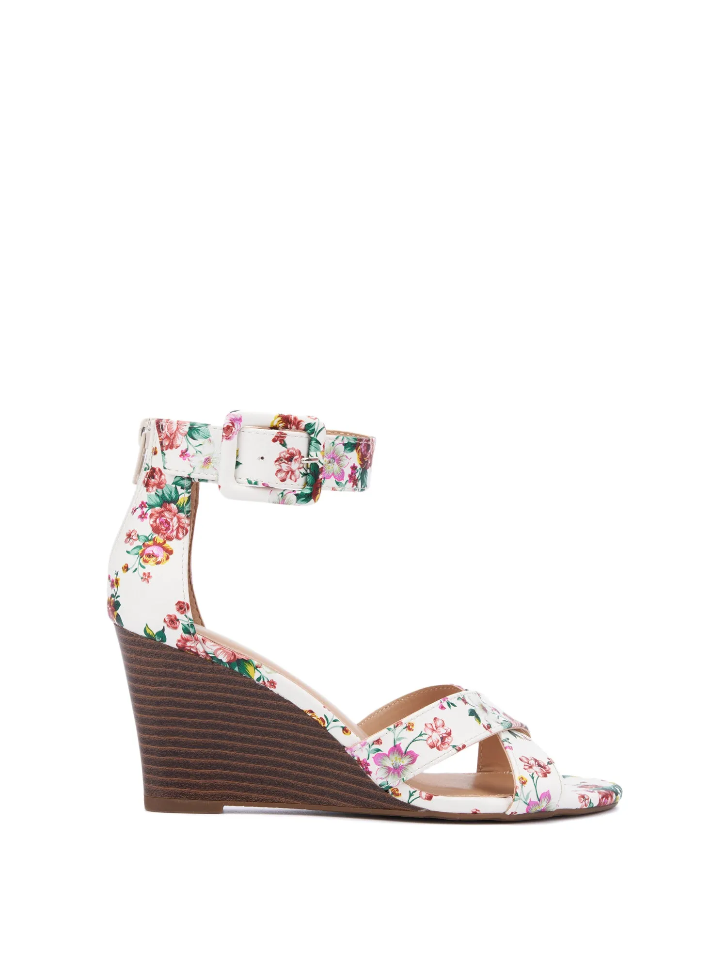 Floral-Print Strappy Wedge