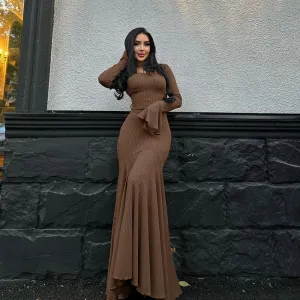 GBOLSOS Cross-border autumn and winter new temperament solid color slim-fitting long fishtail dress 2025 horn sleeves sexy hip skirt women