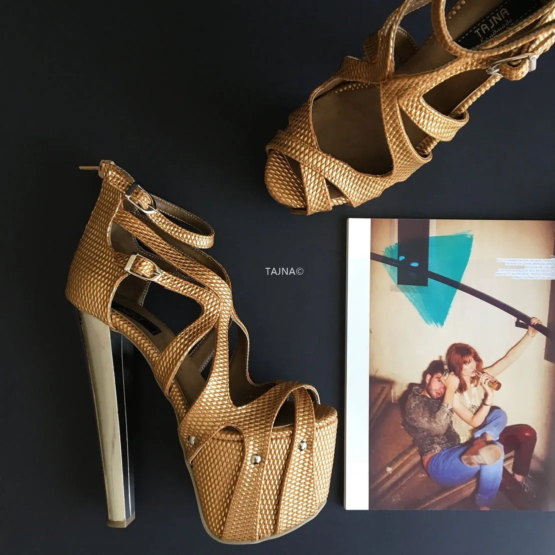 Gold Copper Cross Strap Cage Platforms