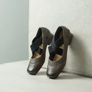 Handmade Horse Leather Square Toe Cross Straps Mary Jane Ballet Flats with Brogue Design in Black/Grey/White