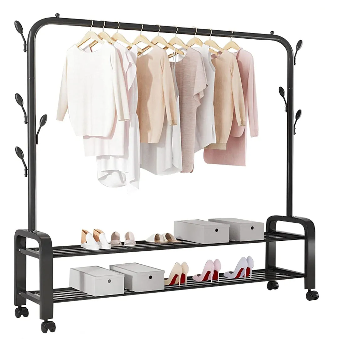 Heavy Duty Portable Clothes Garment Hanging Rack Shoe Storage Shelf Organizer Hanger Dryer - black