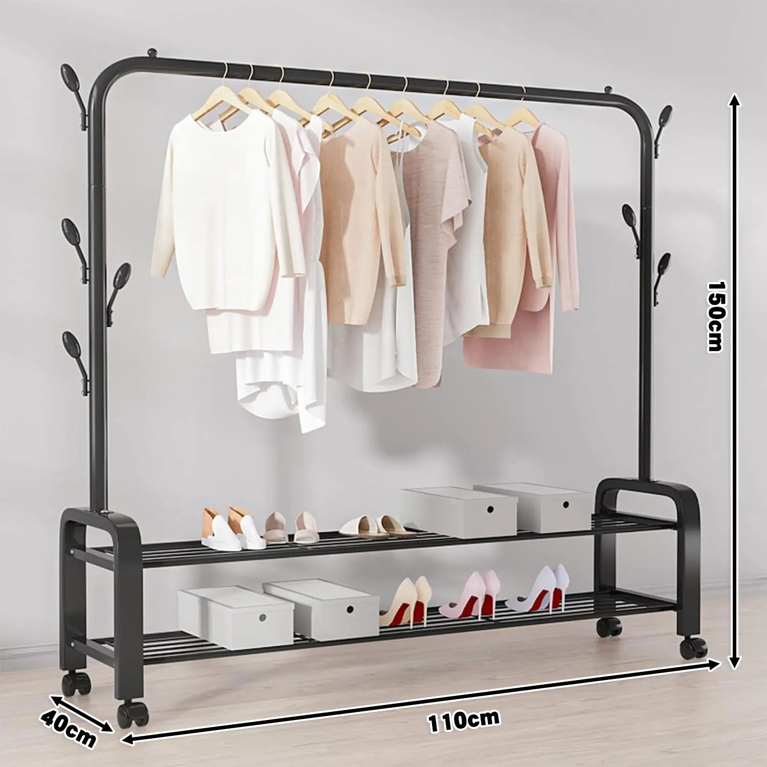 Heavy Duty Portable Clothes Garment Hanging Rack Shoe Storage Shelf Organizer Hanger Dryer - black