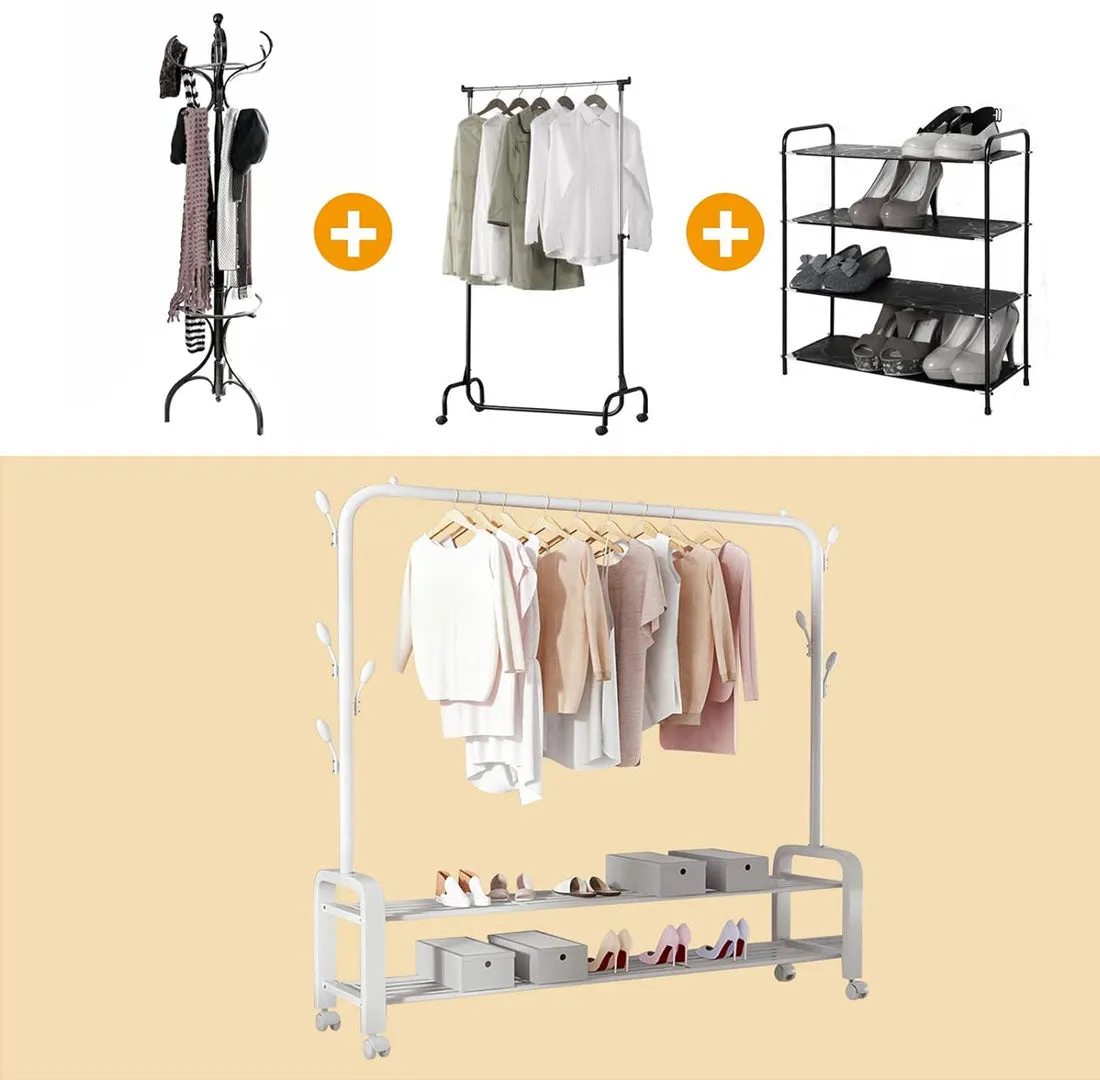 Heavy Duty Portable Clothes Garment Hanging Rack Shoe Storage Shelf Organizer Hanger Dryer - white