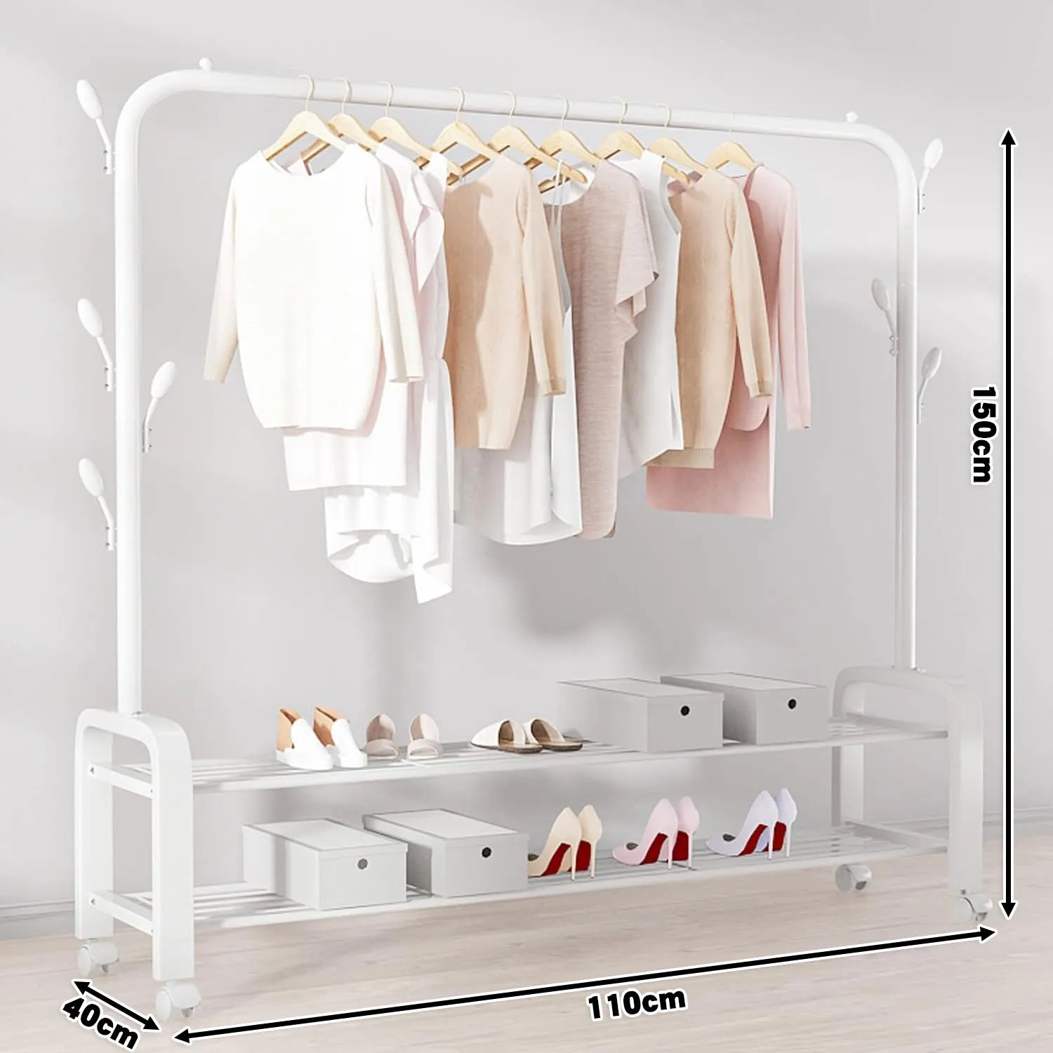 Heavy Duty Portable Clothes Garment Hanging Rack Shoe Storage Shelf Organizer Hanger Dryer - white