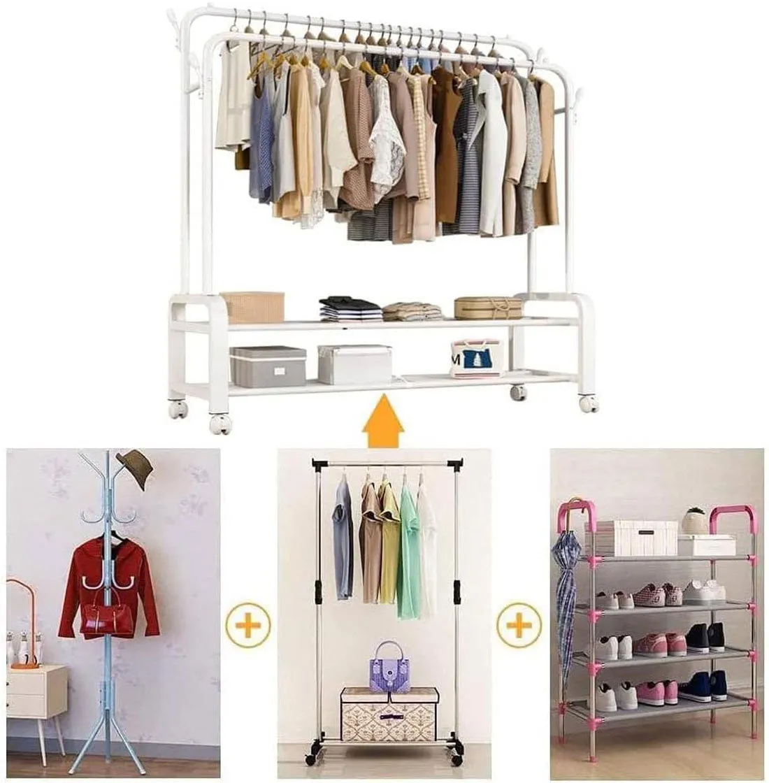 Heavy Duty Portable Double Rail Clothes Garment Hanging Rack Shoe Storage Shelf Organizer Hanger Dryer - white