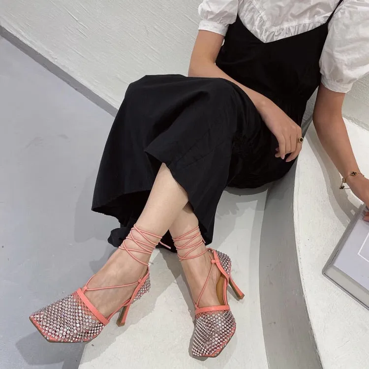 High Heel Pumps Crystal Fishnet Sandals Square Toe Ankle Cross Tied Rhinestone Shoes