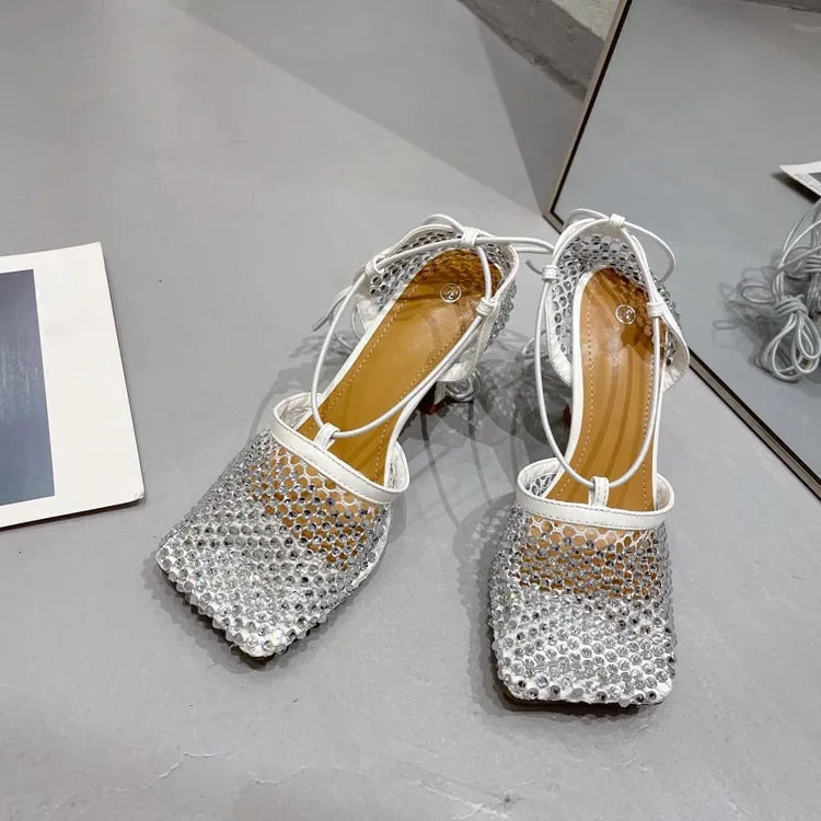 High Heel Pumps Crystal Fishnet Sandals Square Toe Ankle Cross Tied Rhinestone Shoes