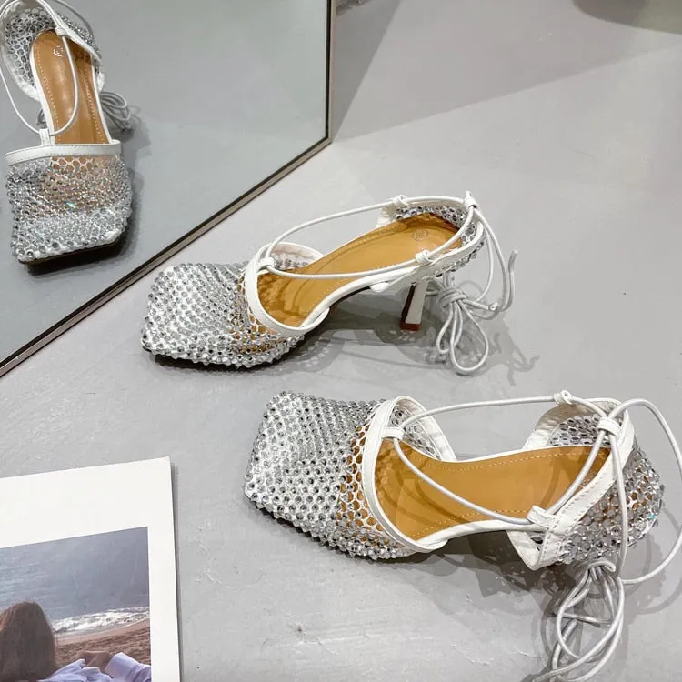 High Heel Pumps Crystal Fishnet Sandals Square Toe Ankle Cross Tied Rhinestone Shoes