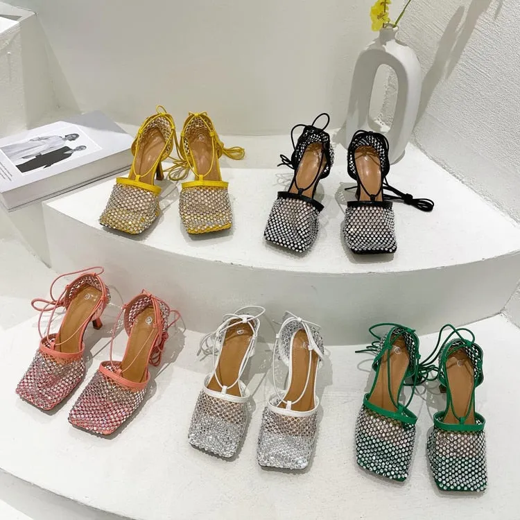 High Heel Pumps Crystal Fishnet Sandals Square Toe Ankle Cross Tied Rhinestone Shoes