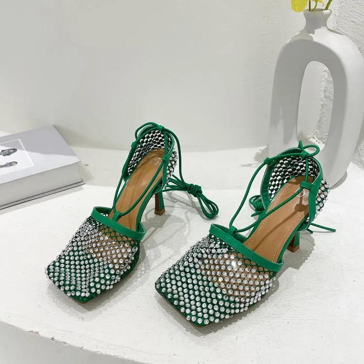 High Heel Pumps Crystal Fishnet Sandals Square Toe Ankle Cross Tied Rhinestone Shoes