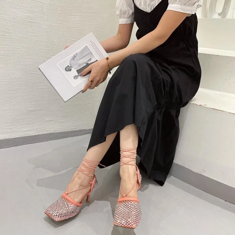 High Heel Pumps Crystal Fishnet Sandals Square Toe Ankle Cross Tied Rhinestone Shoes