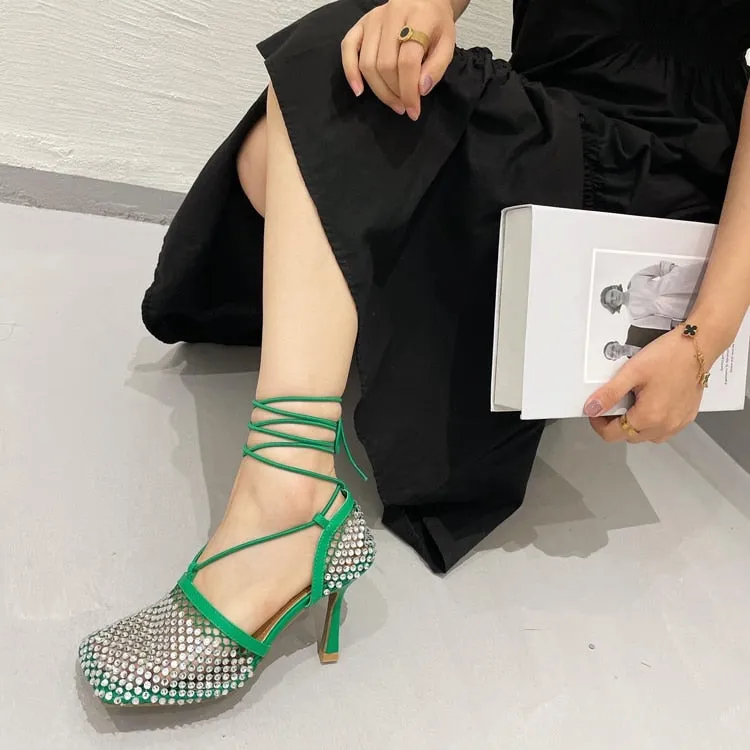 High Heel Pumps Crystal Fishnet Sandals Square Toe Ankle Cross Tied Rhinestone Shoes