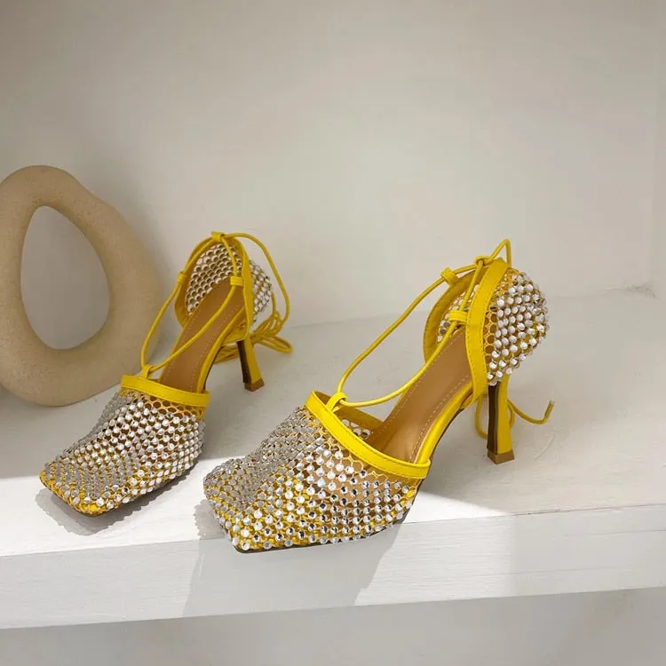 High Heel Pumps Crystal Fishnet Sandals Square Toe Ankle Cross Tied Rhinestone Shoes