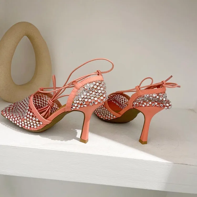 High Heel Pumps Crystal Fishnet Sandals Square Toe Ankle Cross Tied Rhinestone Shoes