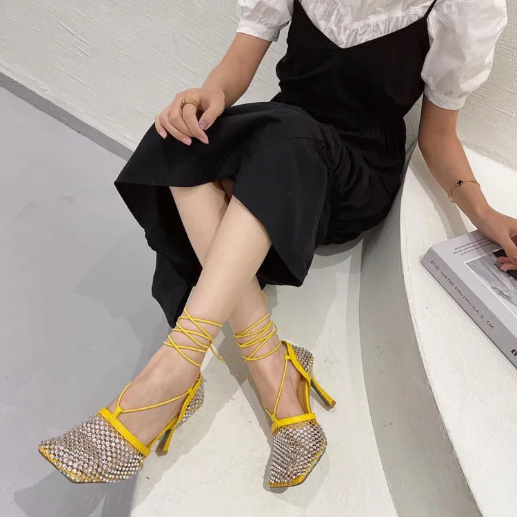 High Heel Pumps Crystal Fishnet Sandals Square Toe Ankle Cross Tied Rhinestone Shoes