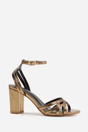 KYLEIGH WIDE FIT MID BLOCK HEEL WITH CROSS OVER STRAP DETAILING IN GOLD CRINKLE FAUX LEATHER