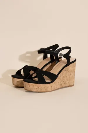 Laura Black Ankle Strap Wedge Sandals