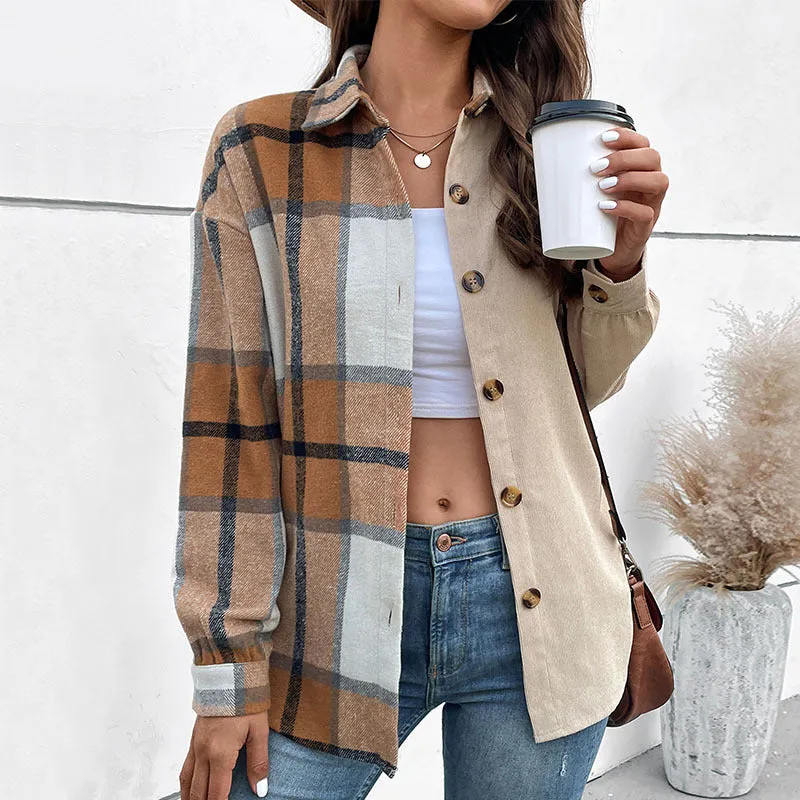 METAVERSMALL 2025 2025 trade women's clothing new long-sleeved plaid top color matching  retro lapel cardigan jacket