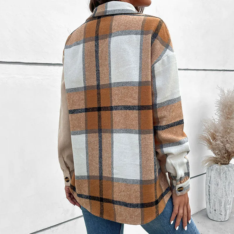 METAVERSMALL 2025 2025 trade women's clothing new long-sleeved plaid top color matching  retro lapel cardigan jacket