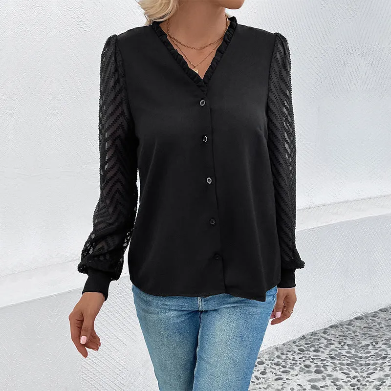 METAVERSMALL New 2025  Women's Shirt Lace Splicing Long Sleeve Explosive  V-Neck Button Top