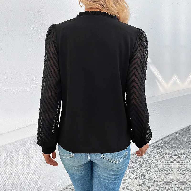 METAVERSMALL New 2025  Women's Shirt Lace Splicing Long Sleeve Explosive  V-Neck Button Top