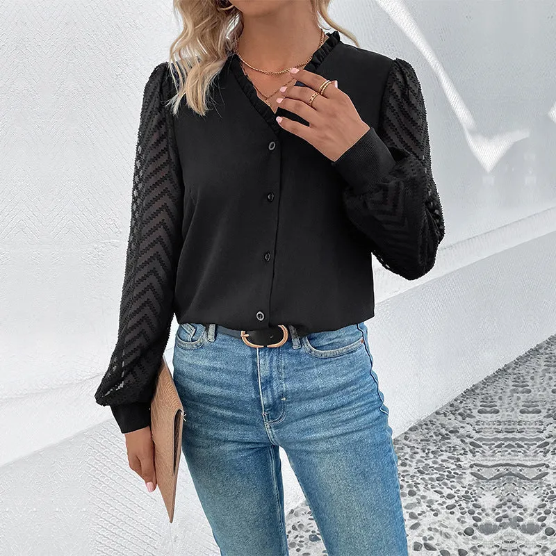 METAVERSMALL New 2025  Women's Shirt Lace Splicing Long Sleeve Explosive  V-Neck Button Top