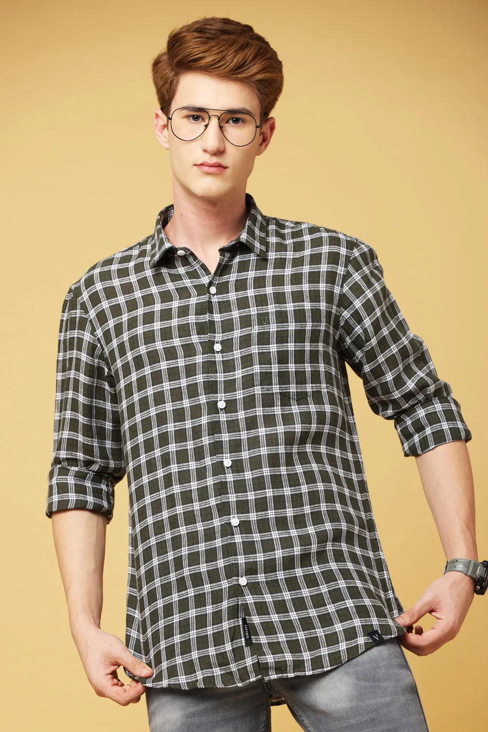 Olive Green & White Cotton Shirt