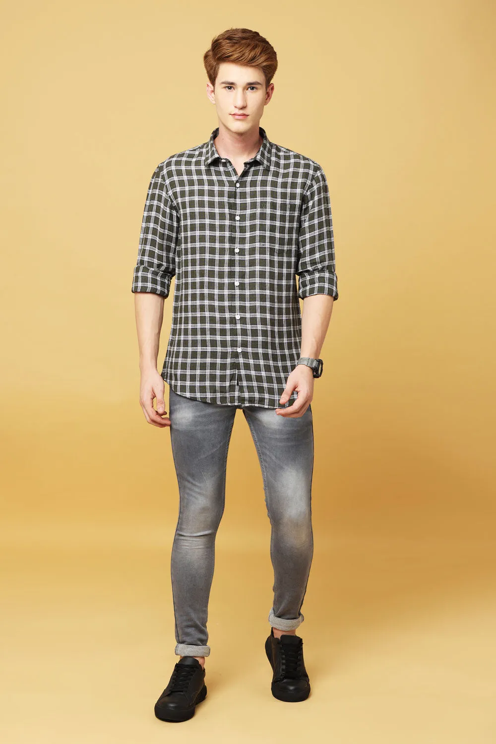 Olive Green & White Cotton Shirt