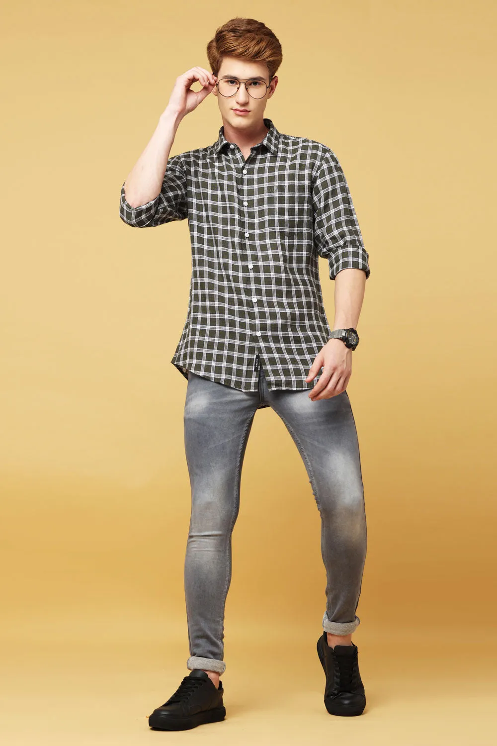 Olive Green & White Cotton Shirt