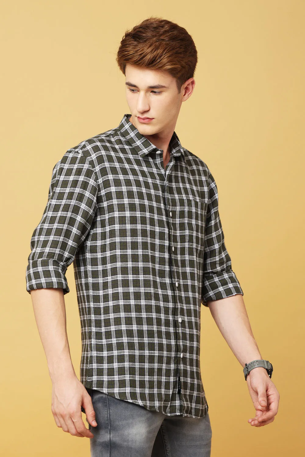 Olive Green & White Cotton Shirt