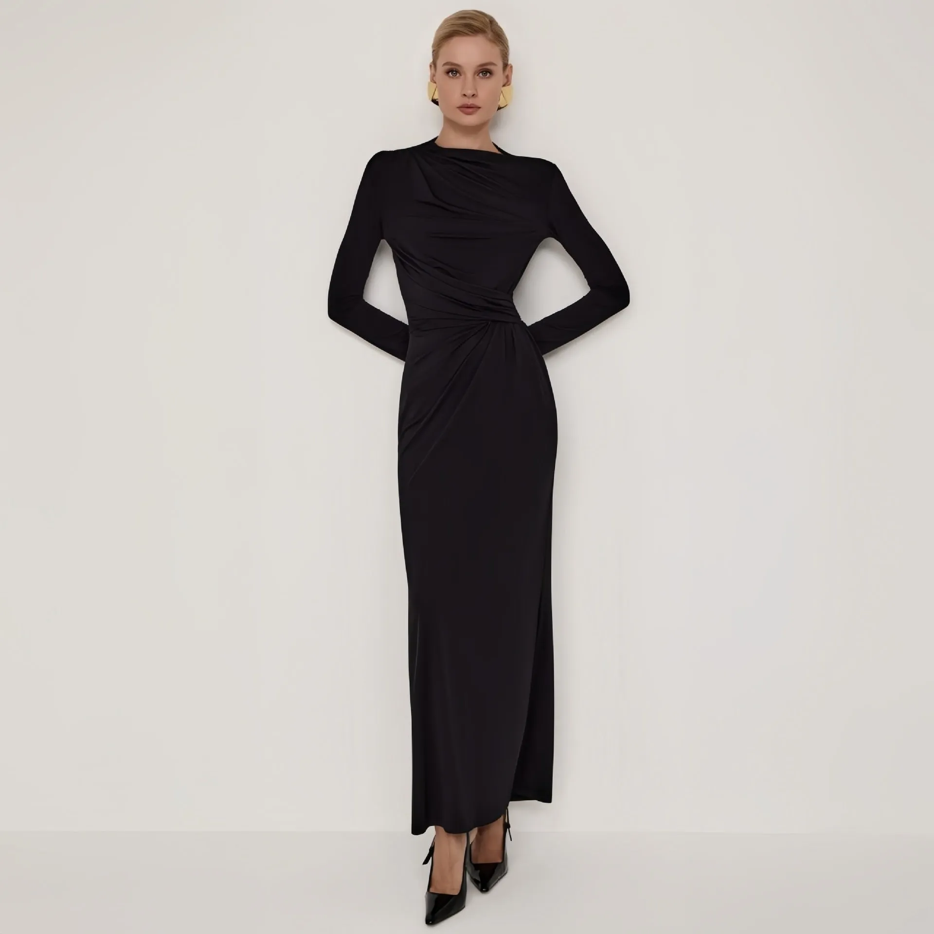 PEOPLETERRITORY 2025 style  New autumn fashion new women's clothing long-sleeved waist folds slim-fitting long dress wholesale