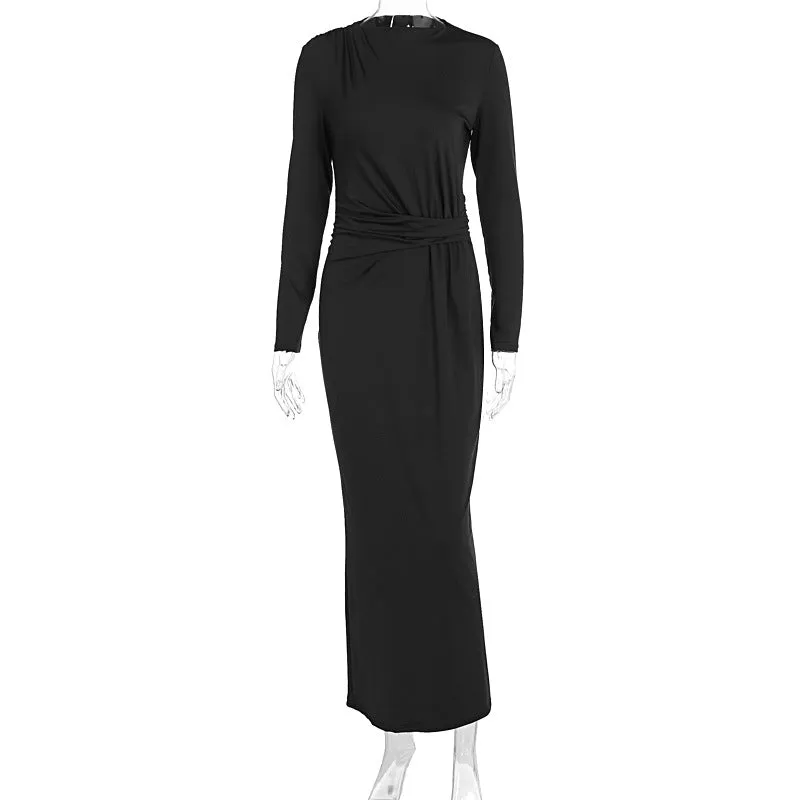PEOPLETERRITORY 2025 style  New autumn fashion new women's clothing long-sleeved waist folds slim-fitting long dress wholesale
