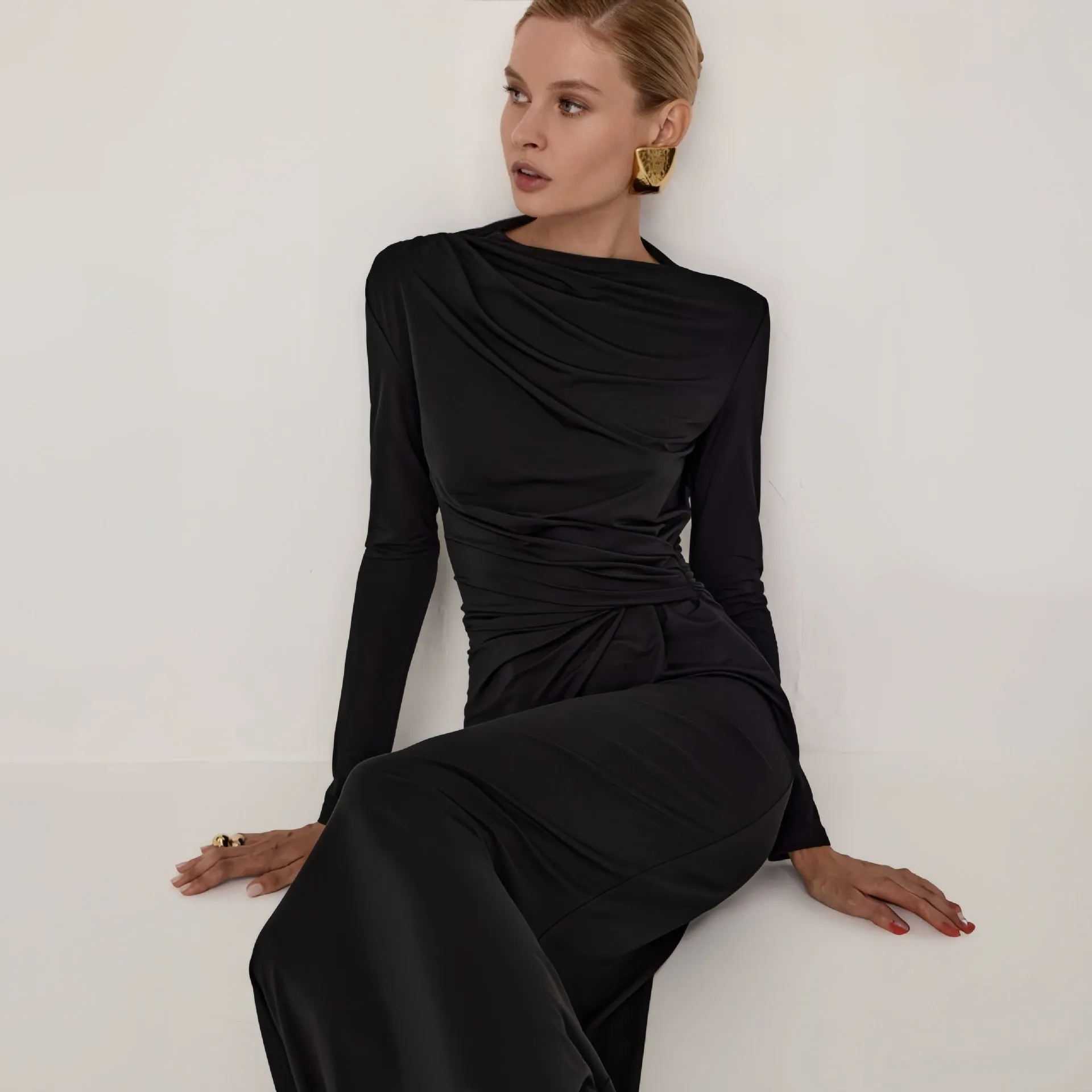 PEOPLETERRITORY 2025 style  New autumn fashion new women's clothing long-sleeved waist folds slim-fitting long dress wholesale