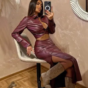 PEOPLETERRITORY 2025 women's clothing, 's new slim-fitting long-sleeved top, high-waisted pleated split hip skirt, two-piece set