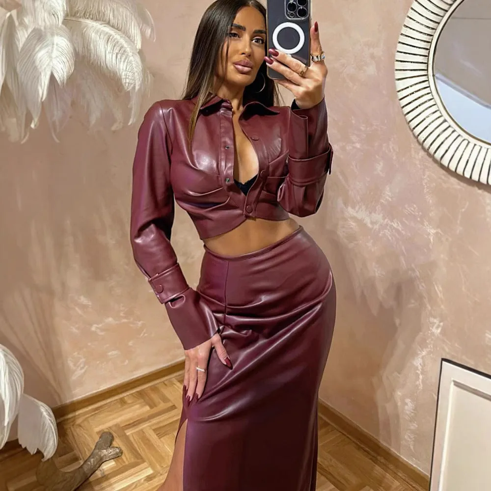 PEOPLETERRITORY 2025 women's clothing, 's new slim-fitting long-sleeved top, high-waisted pleated split hip skirt, two-piece set