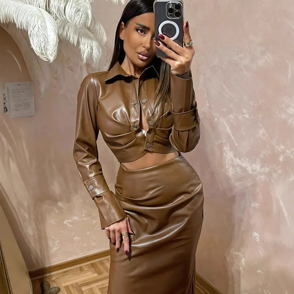 PEOPLETERRITORY 2025 women's clothing, 's new slim-fitting long-sleeved top, high-waisted pleated split hip skirt, two-piece set