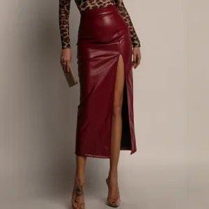 PEOPLETERRITORYLeather split skirt  2025 women's clothing,  high-waisted slim-fitting hip-wrapped leather skirt solid color skirt