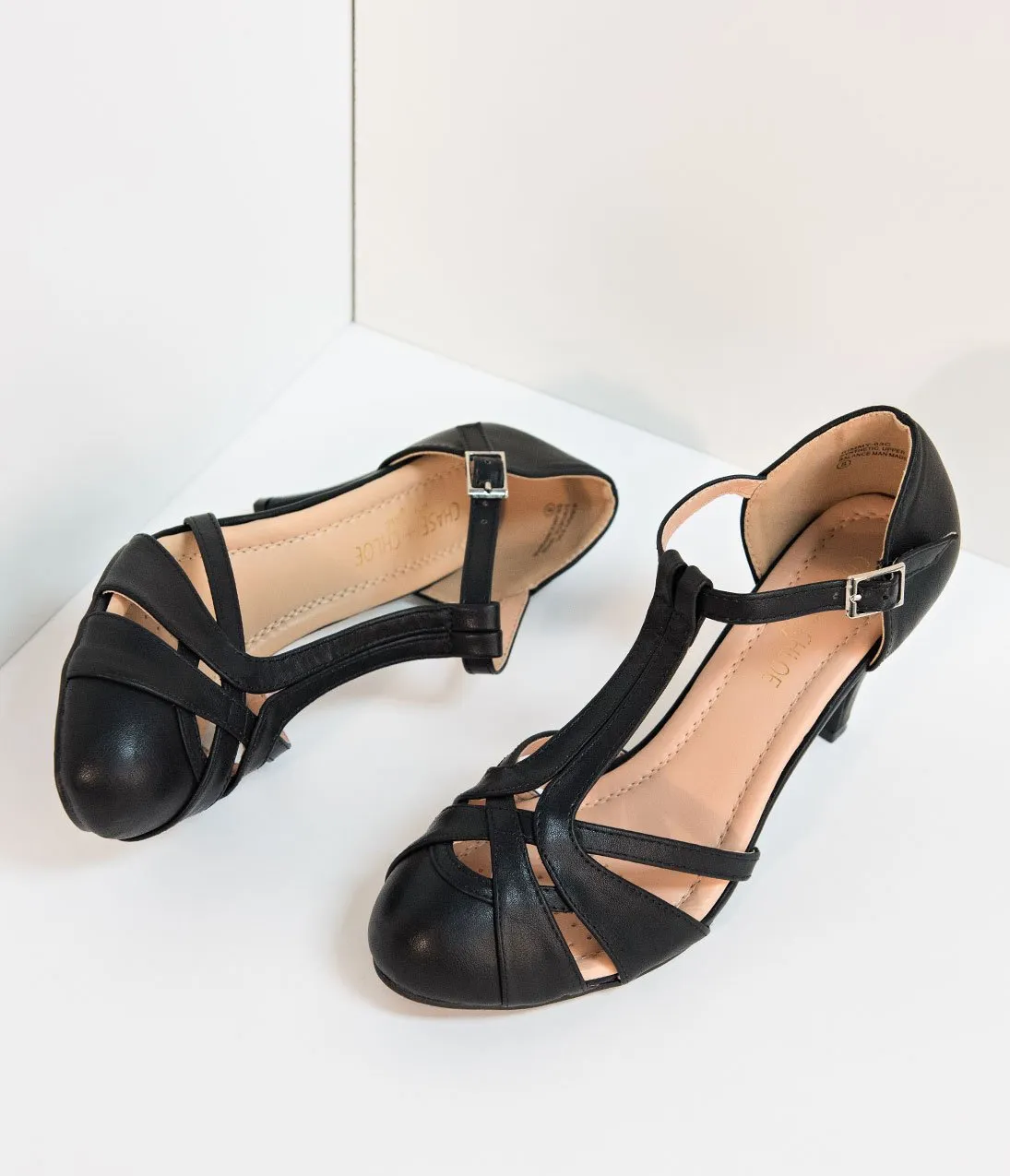 Retro Style Black Pleather Cutout Kimmy T-Strap Heels