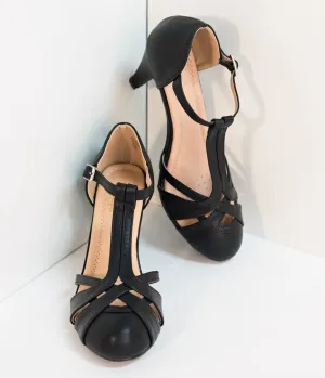 Retro Style Black Pleather Cutout Kimmy T-Strap Heels