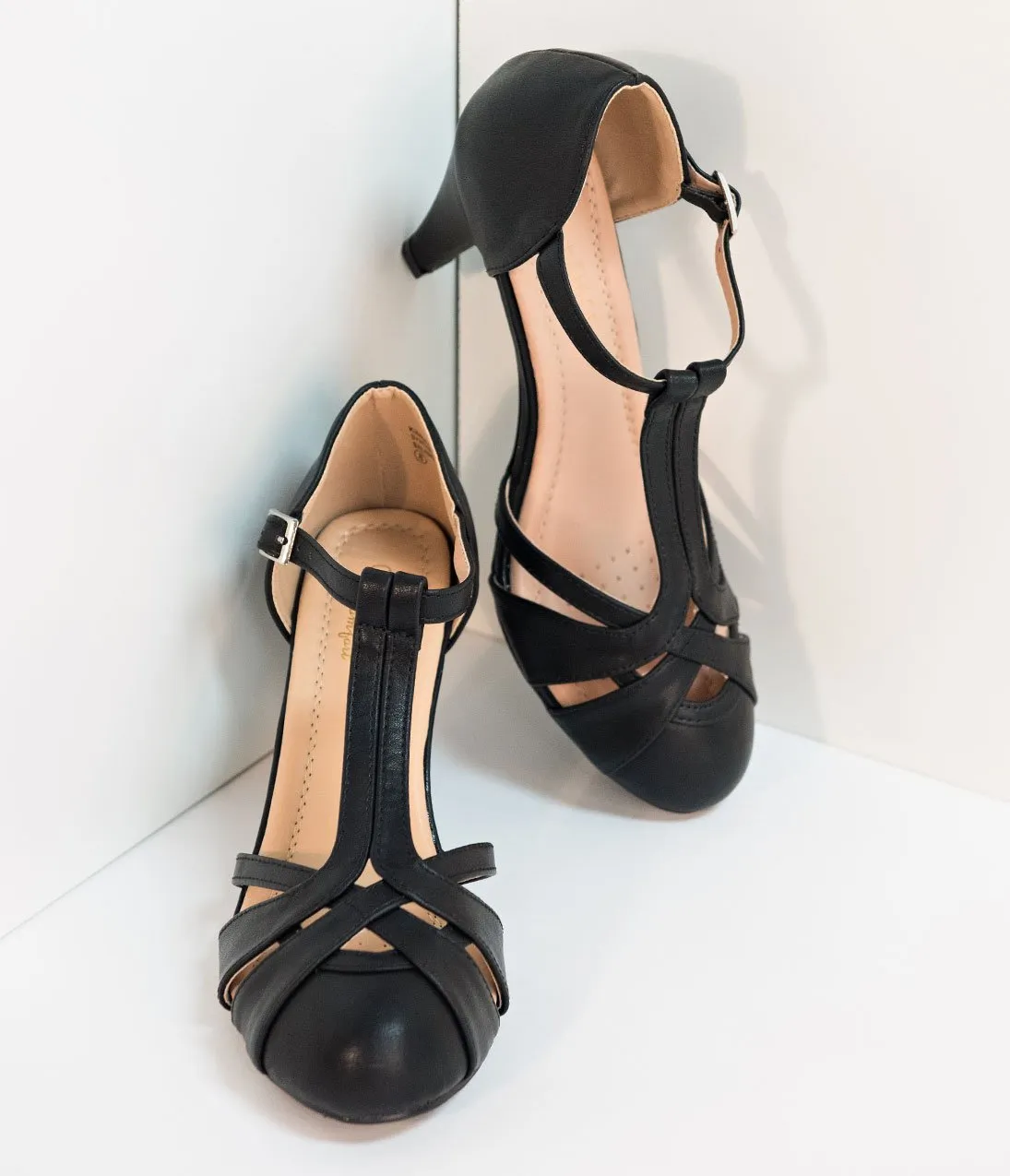 Retro Style Black Pleather Cutout Kimmy T-Strap Heels