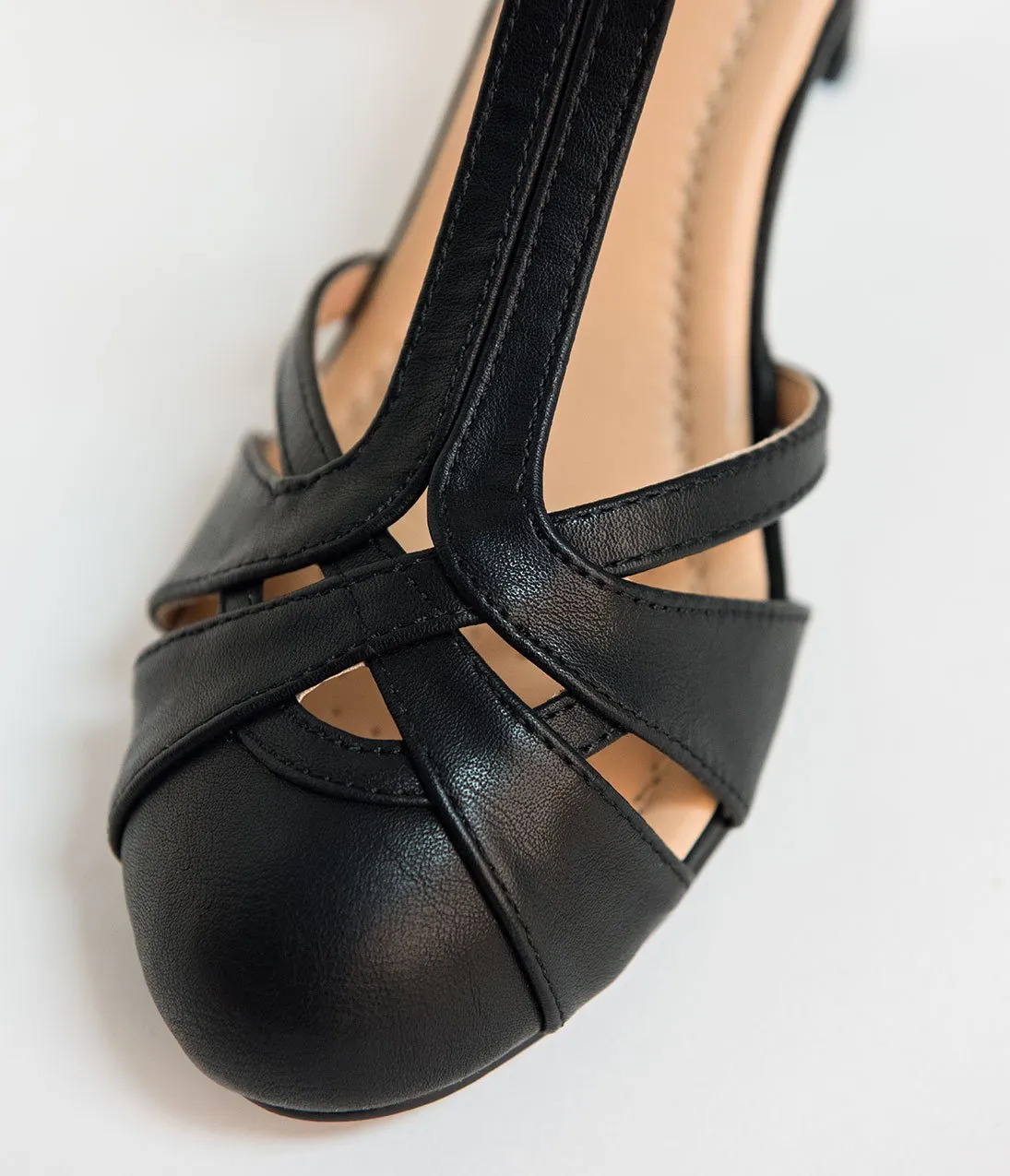 Retro Style Black Pleather Cutout Kimmy T-Strap Heels
