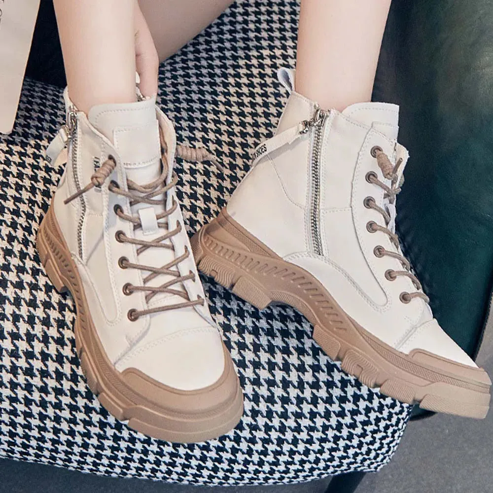 RICY™ LEATHER LIGHTWEIGHT LACE-UP ZIPPER ANKLE BOOTS